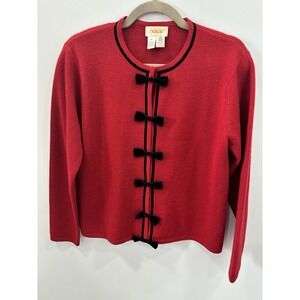 Talbots Merino Wool Red Black Bow Cardigan Sweater M Vintage Preppy Coquette